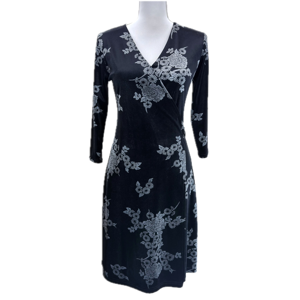 Apostrophe Black Floral Velvet Wrap Midi Dress S/P V Neck Stretch Cocktail Party